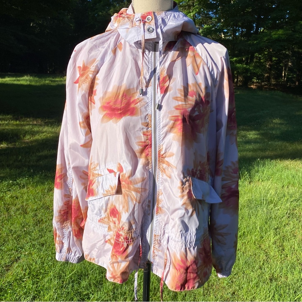HEI HEI ANTHROPOLOGIE JACKET RAIN HOODED PURPLE ORANGE PINK FLORAL ZIP SIZE S
